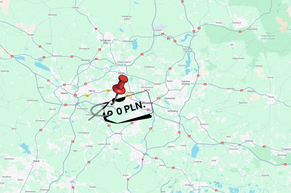 Mapa Śląska z czerwoną pinezką wbitą w lokalizację oraz cenówką 0 zł.