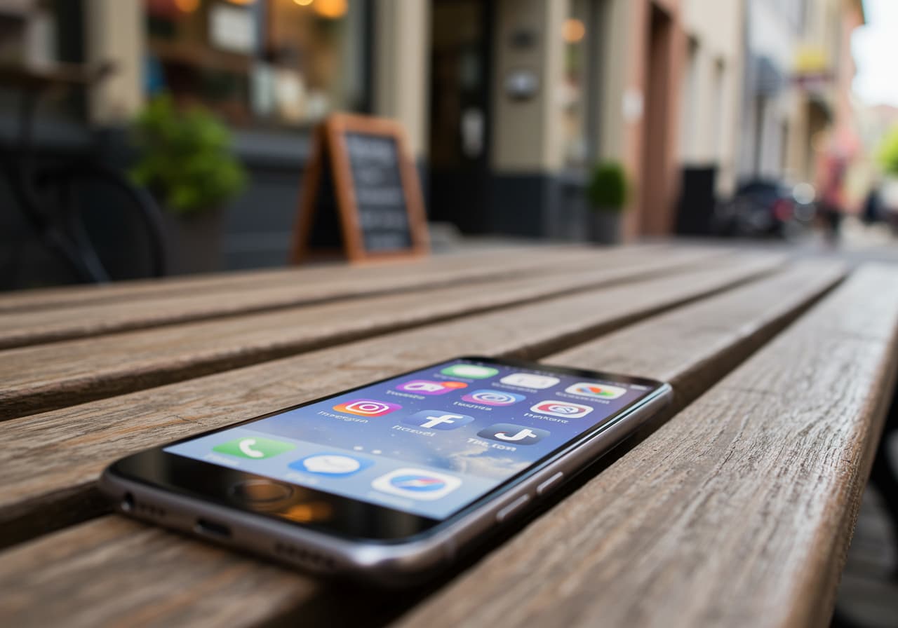 Telefon z wyświetlonymi ikonami social mediów: Facebookiem, Instagramem leżący na ławeczce przed lokalnymi punktami usługowymi, obrazujący jak prowadzić social media by wspierać lokalne SEO