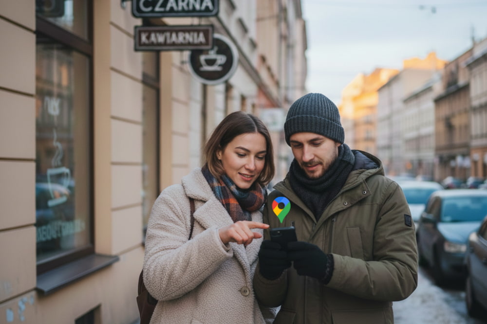 Para młodych ludzi szuka kawiarni w pobliżu i korzysta z map Google, które są częścią pozycjonowania lokalnego