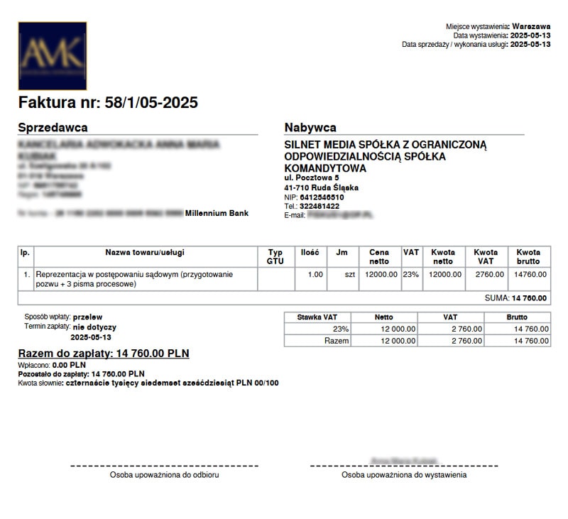 Faktura przygotowana pod oszustwo internetowe