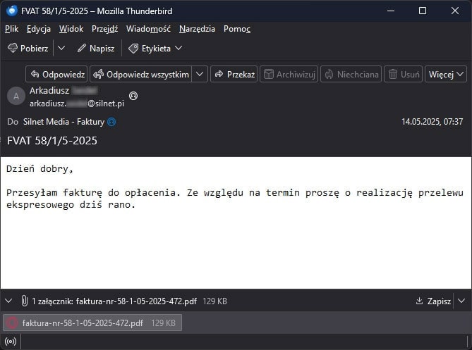 Zrzut ekranu fałszywego e-maila wyłudzającego pieniądze w przypadku braku poprawnej konfiguracji domeny internetowej