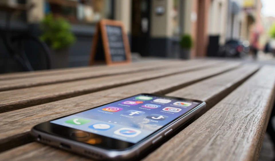 Telefon z wyświetlonymi ikonami social mediów: Facebookiem, Instagramem leżący na ławeczce przed lokalnymi punktami usługowymi, obrazujący jak prowadzić social media by wspierać lokalne SEO 