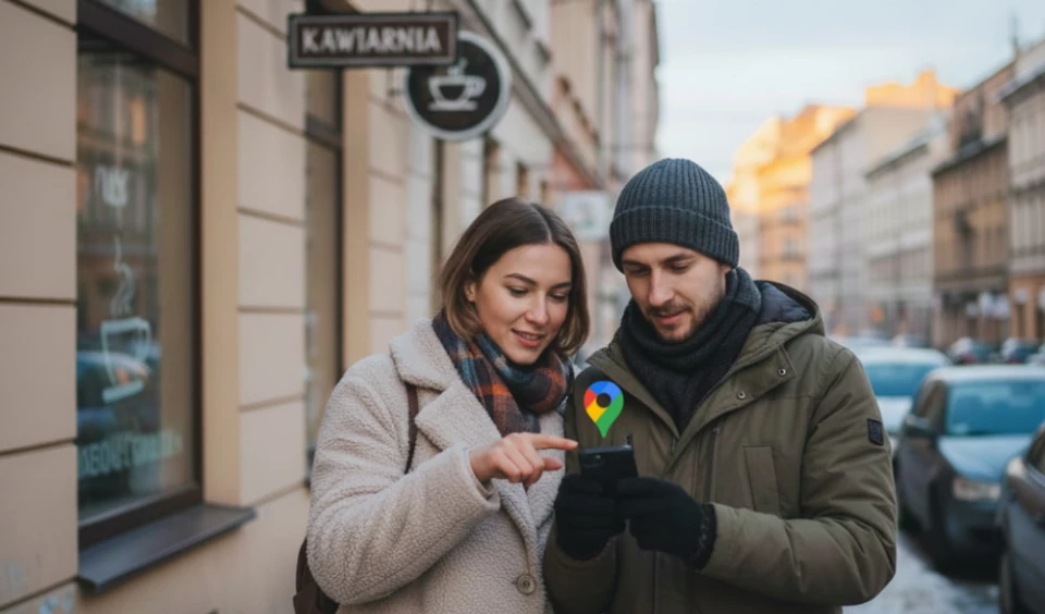 Para młodych ludzi szuka kawiarni w pobliżu i korzysta z map Google, które są częścią pozycjonowania lokalnego